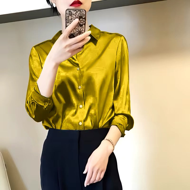 Satin button down long sleeve shirt in gold