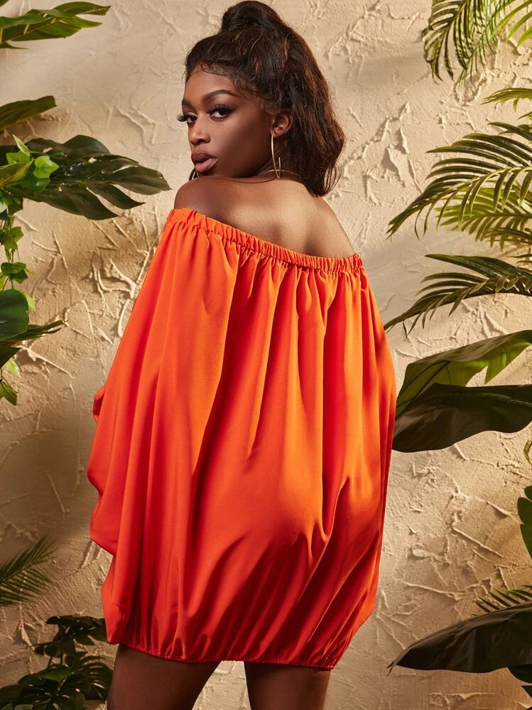 Off shoulder long sleeve elastic waist mini dress in orange