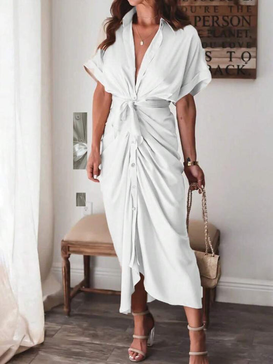 Button down belted shirt dress in white