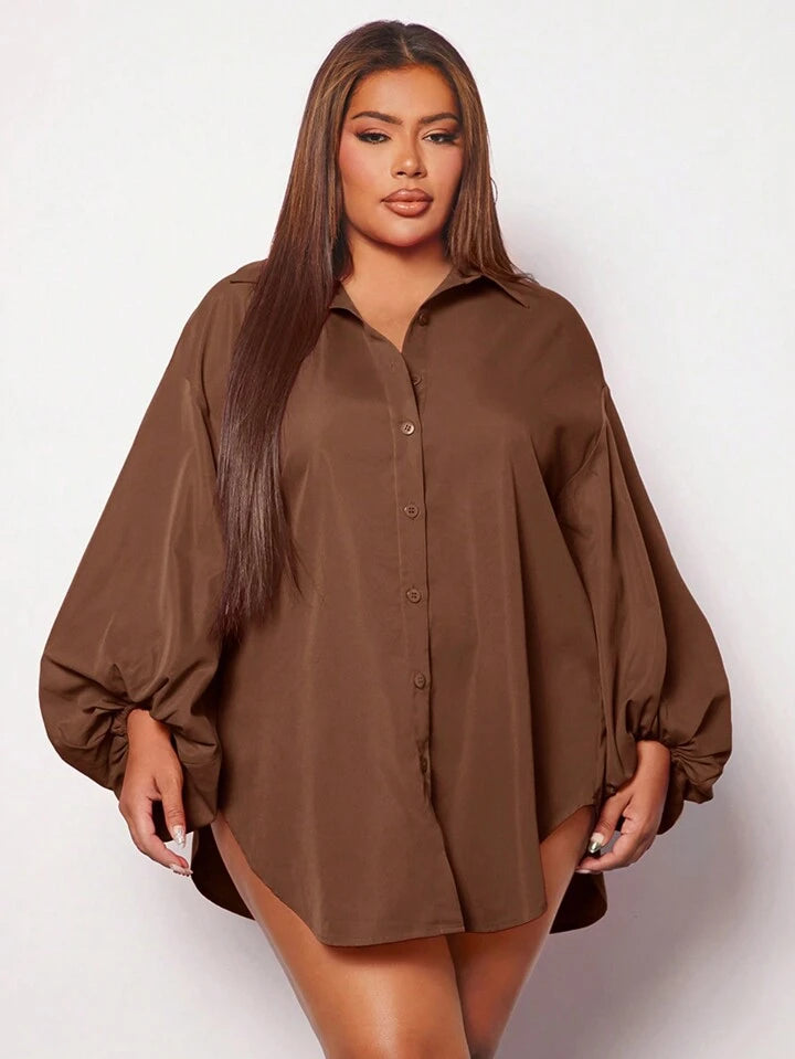 Plus lantern sleeve shirt in brown
