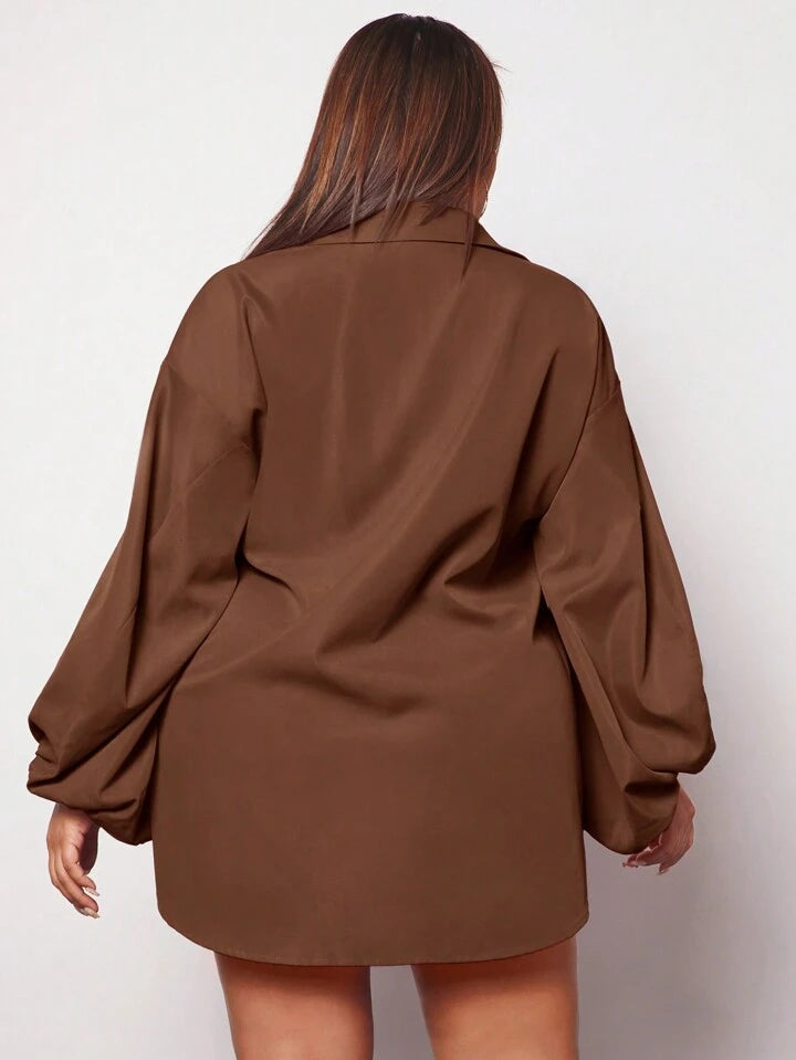 Plus lantern sleeve shirt in brown