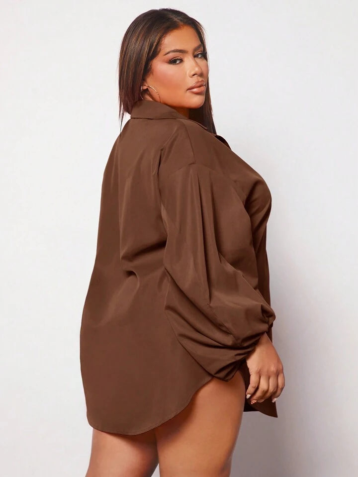 Plus lantern sleeve shirt in brown