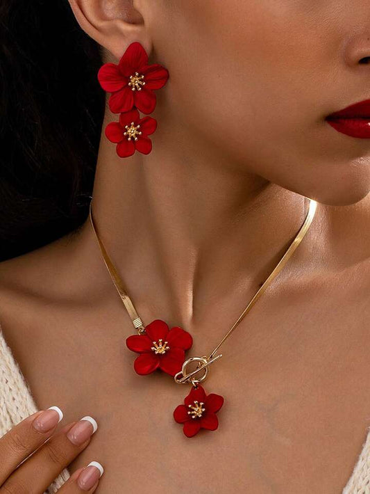 2pcs floral pendant necklace & earinngs set in red