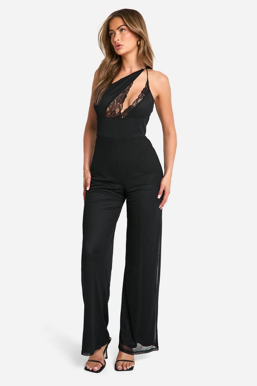 Lace asymmetric jumpsuit in black