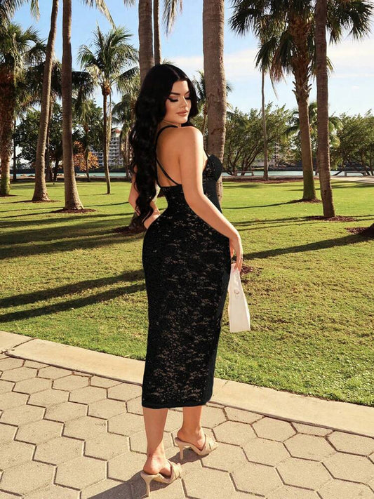 Lace corset bodycon dress in black