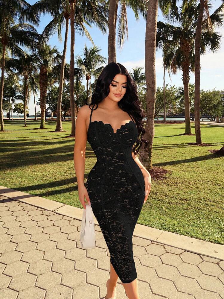 Lace corset bodycon dress in black