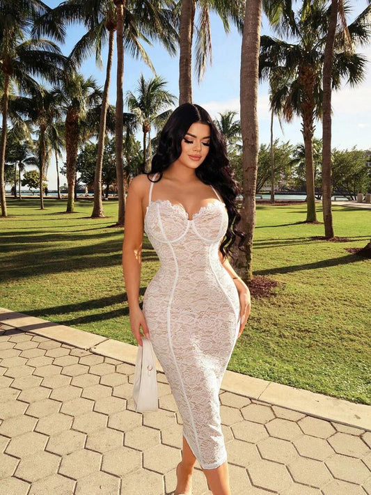 Lace corset bodycon dress in white