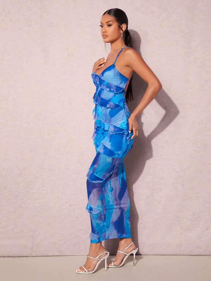 Lace up backless layered ruffle cami dress in blue