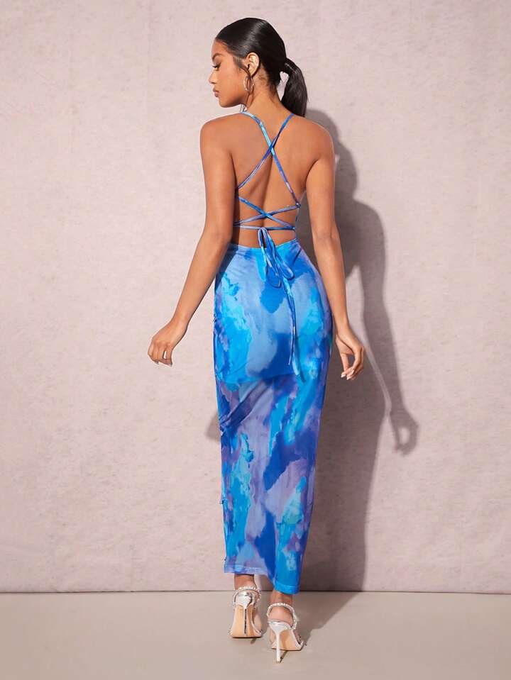 Lace up backless layered ruffle cami dress in blue