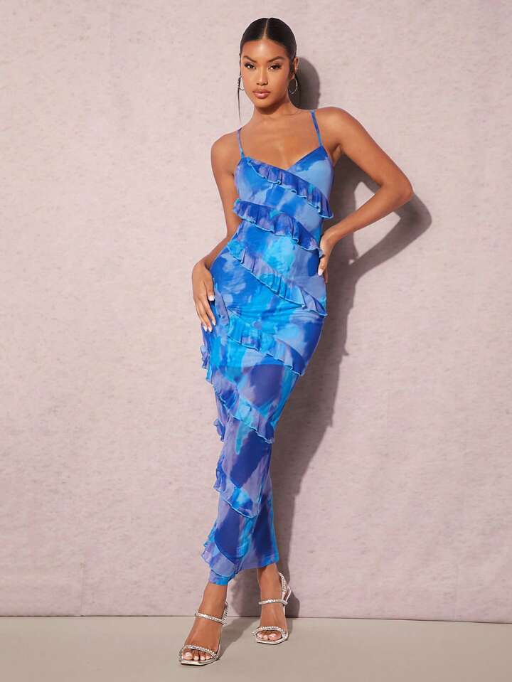 Lace up backless layered ruffle cami dress in blue