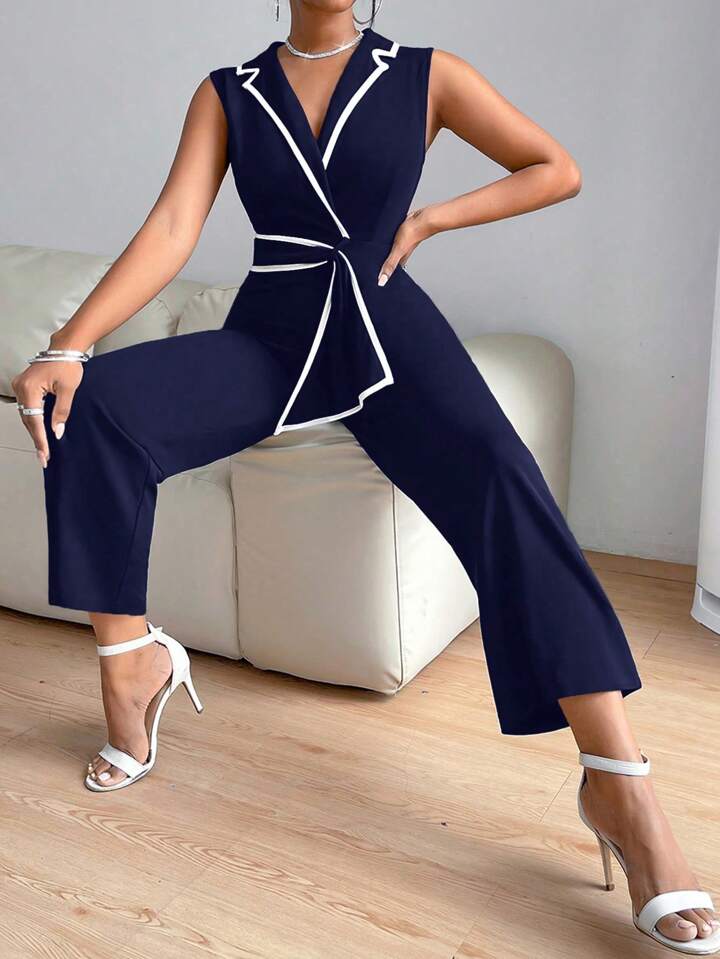 Lapel collar contrast binding jumpsuit in navy