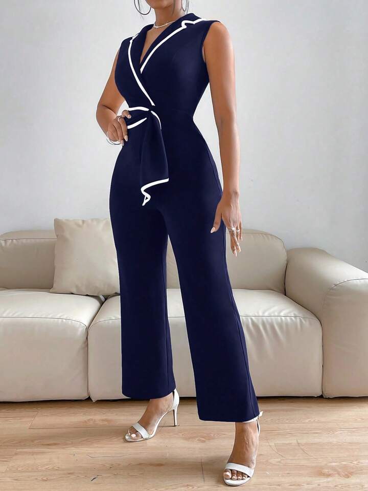 Lapel collar contrast binding jumpsuit in navy