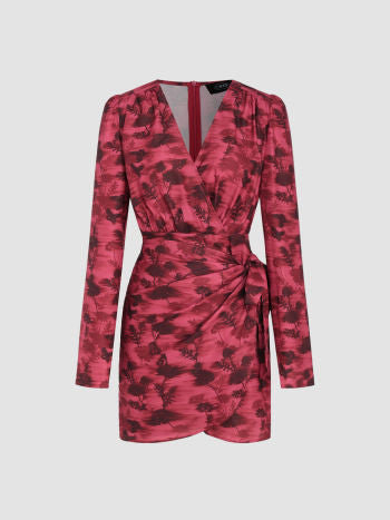 Leaf print v-neck wrap mini dress in wine