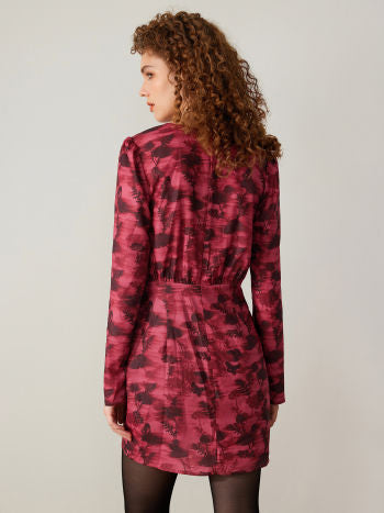 Leaf print v-neck wrap mini dress in wine