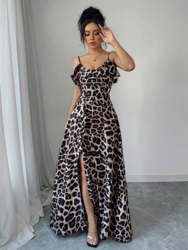 Leopard print v-neck ruffle hem waist tie split dress in multi