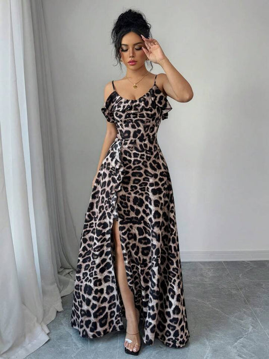 Leopard print v-neck ruffle hem waist tie split dress in multi