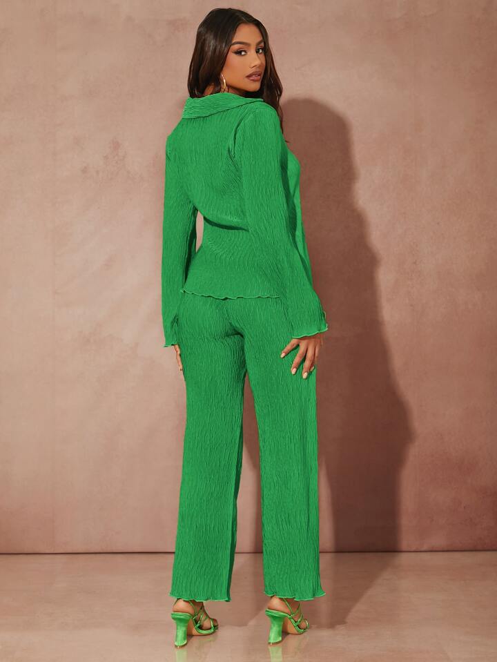 Lettuce trim long sleeve button front top