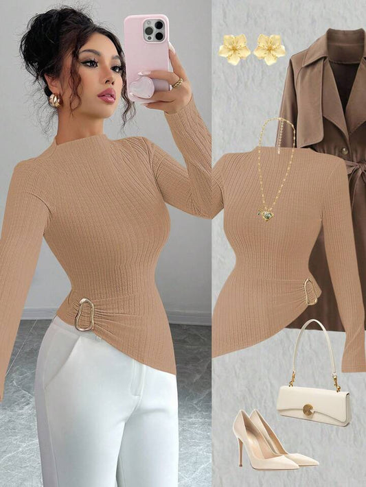 Long sleeve ribbed knit high neck top in khaki