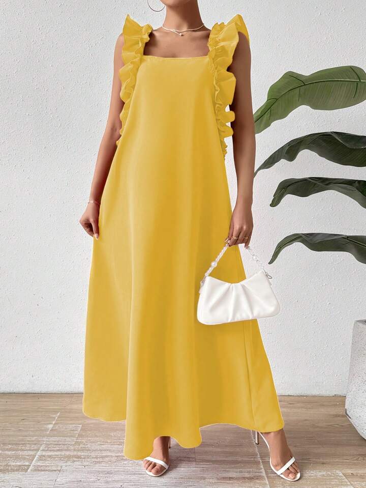 Loose fit ruffle trim maxi dress in yellow