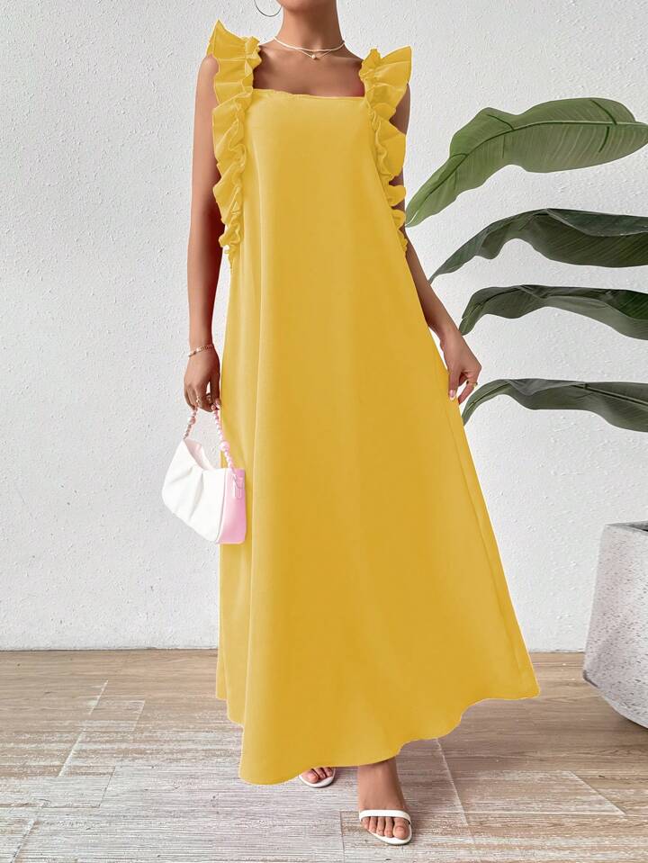 Loose fit ruffle trim maxi dress in yellow