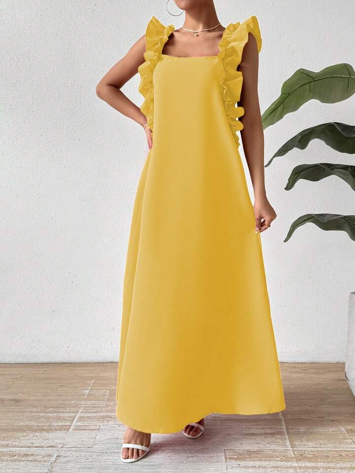Loose fit ruffle trim maxi dress in yellow