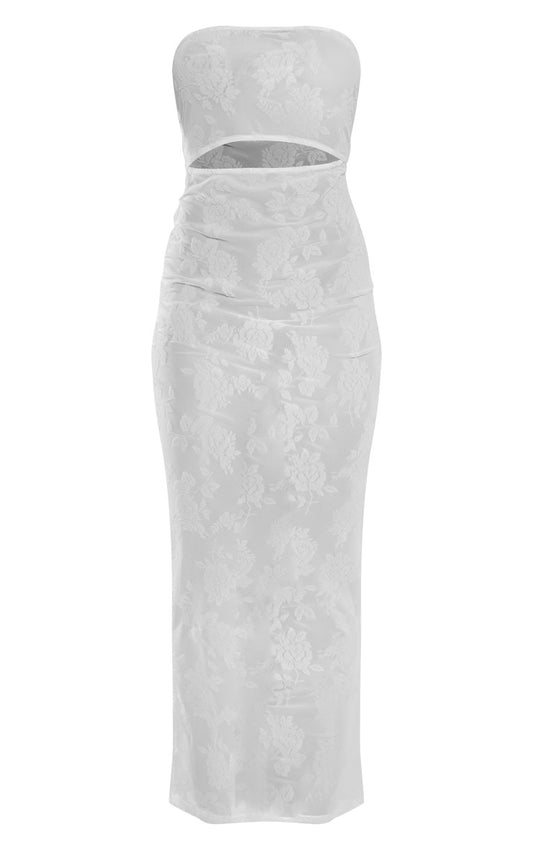 Mesh panel bandeau maxi dress in cream