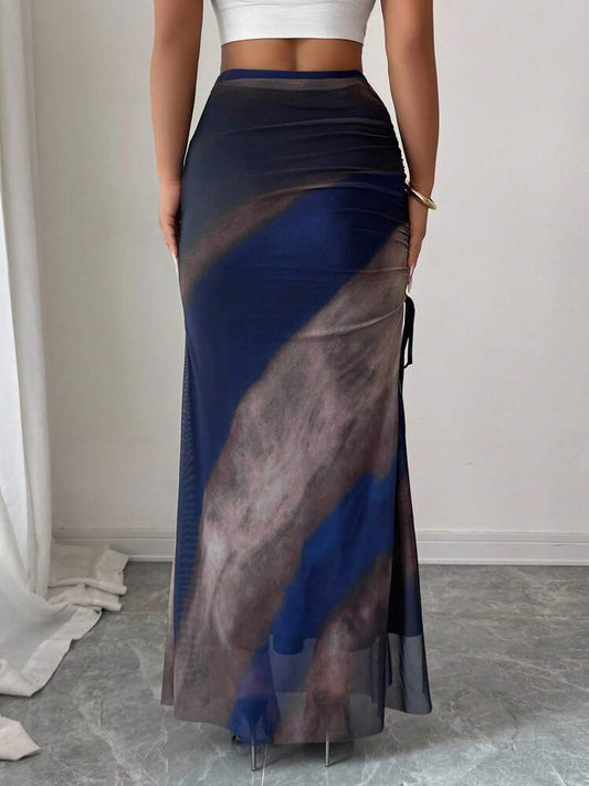 Mesh tye dye asymmetrcial top & maxi skirt in navy