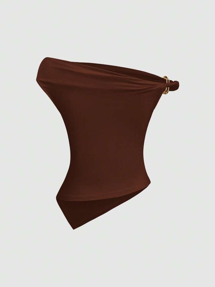 Metal decor twist hem asymmetric top in brown
