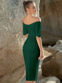 Off shoulder foldover belted bandage dress in green