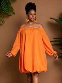 Off shoulder long sleeve elastic waist mini dress in orange
