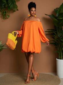 Off shoulder long sleeve elastic waist mini dress in orange