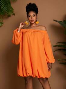 Off shoulder long sleeve elastic waist mini dress in orange