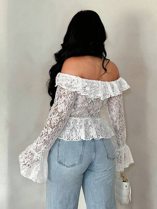 Off shoulder open front long sleeve blouse in white