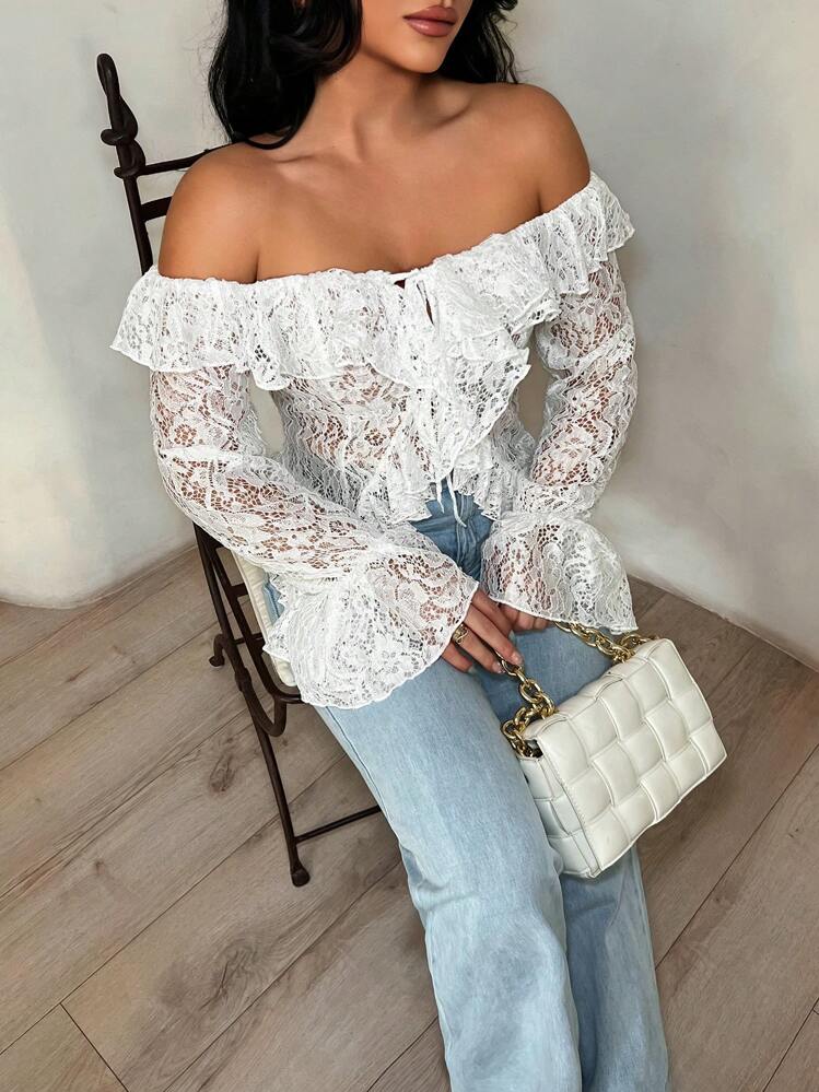 Off shoulder open front long sleeve blouse in white