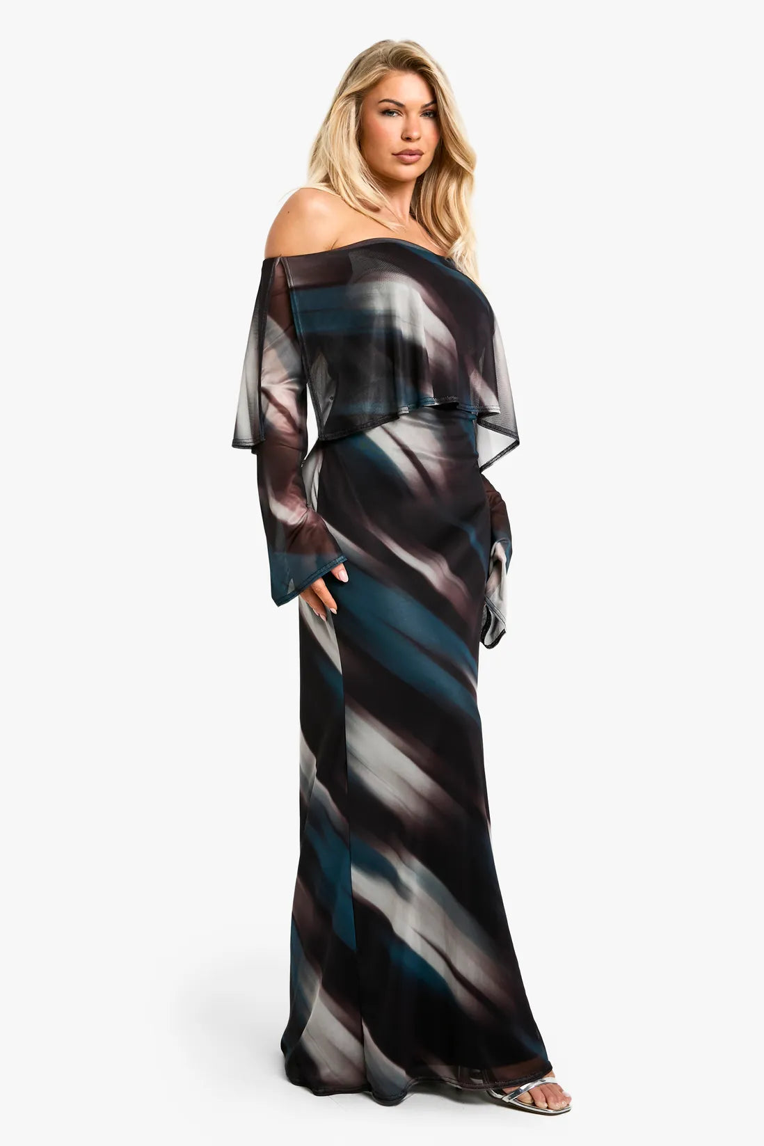 Off shoulder printed mesh maxi dress in multi