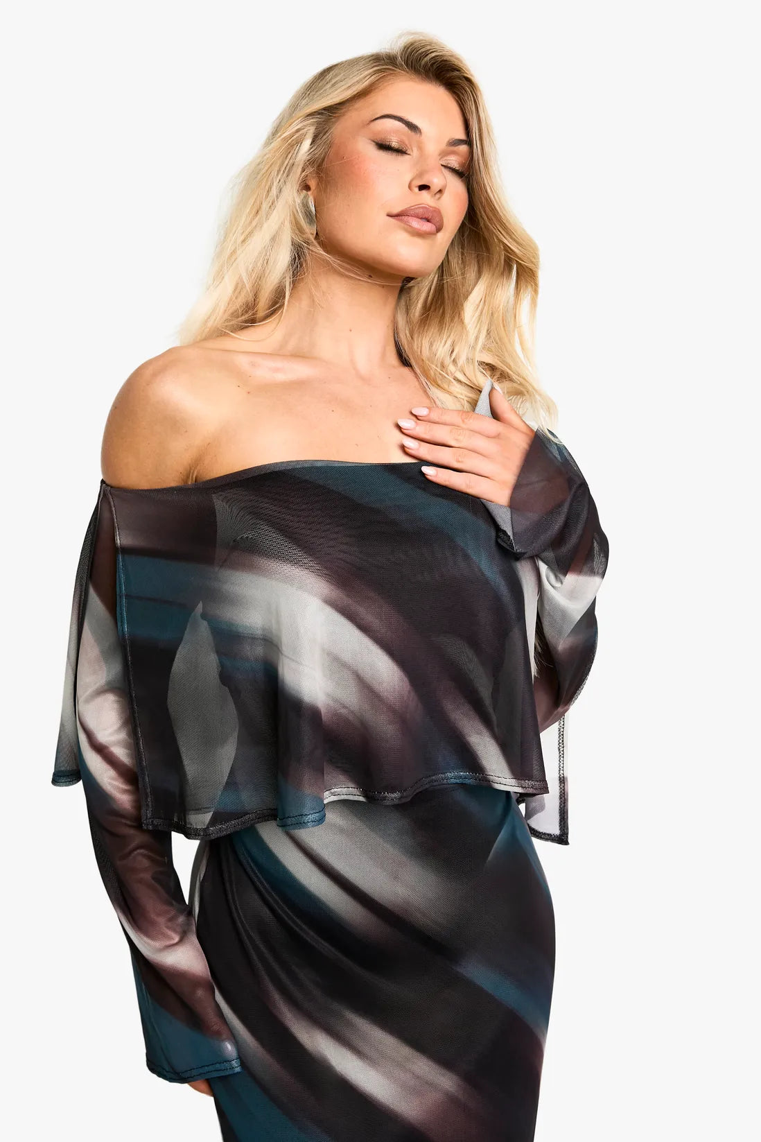 Off shoulder printed mesh maxi dress in multi