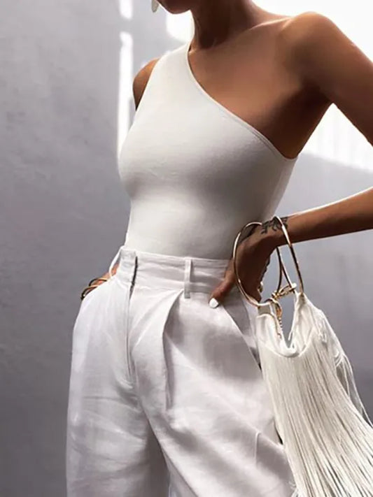 One shoulder cutout halterneck top in white