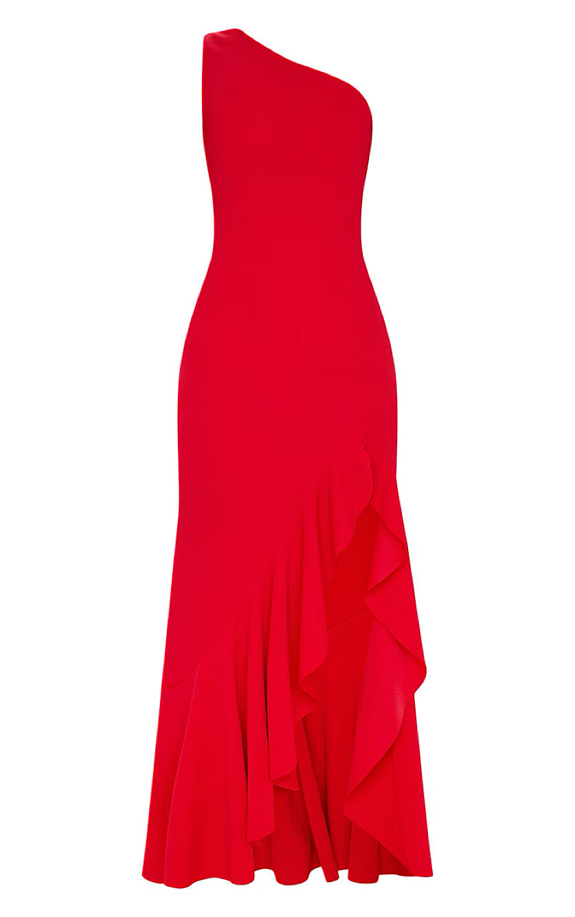 One shoulder frill split maxi dress in red