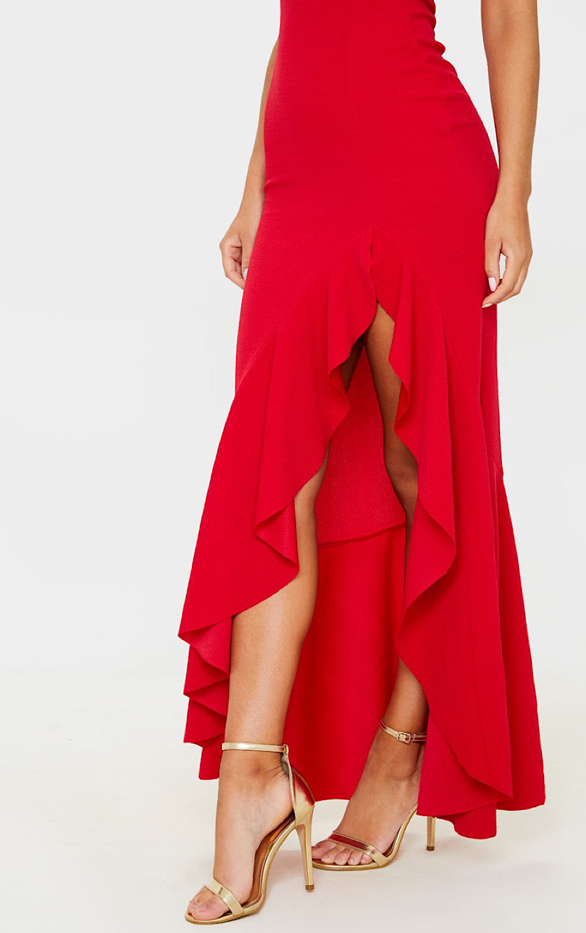 One shoulder frill split maxi dress in red