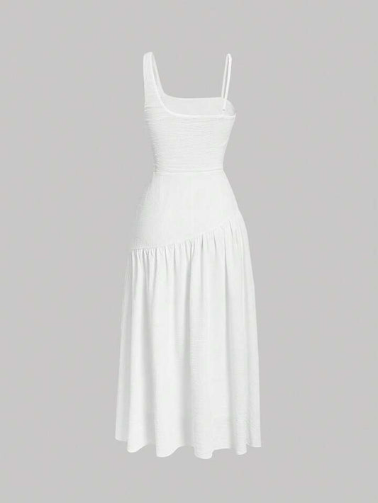 One shoulder ruched asymmetrcial neck dress in white