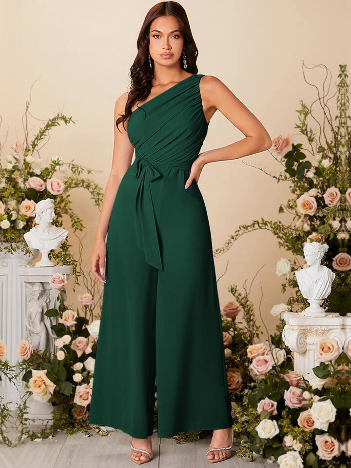 One shoulder ruched wide leg belted jumpsuit in green