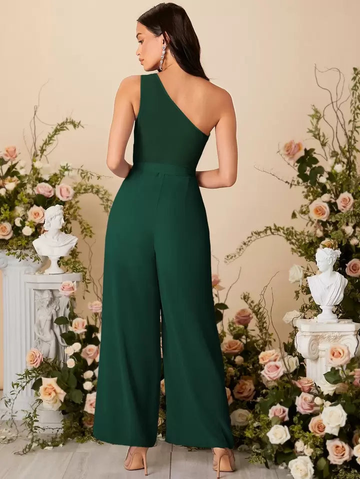 One shoulder ruched wide leg belted jumpsuit in green