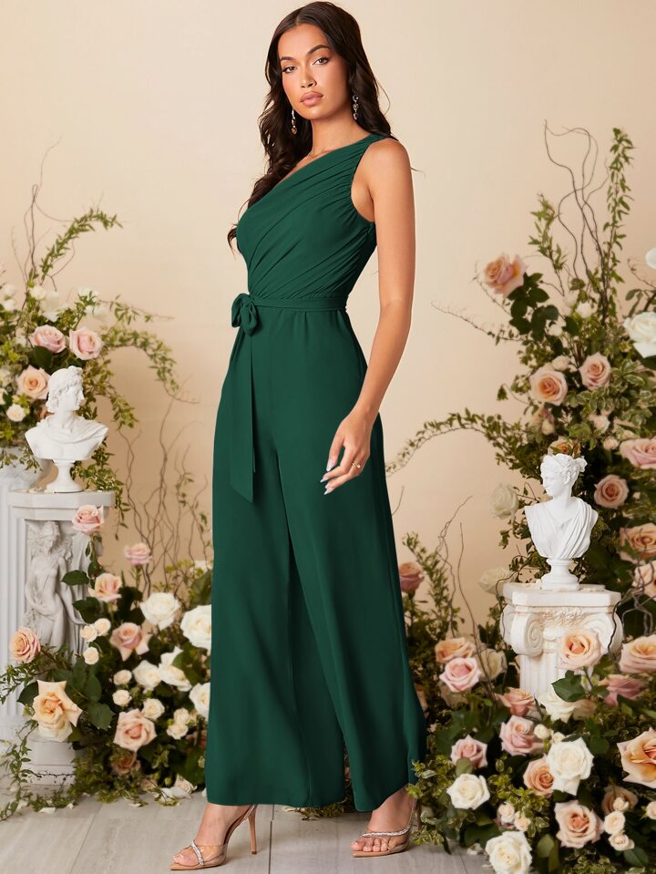 One shoulder ruched wide leg belted jumpsuit in green