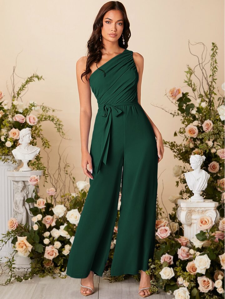 One shoulder ruched wide leg belted jumpsuit in green