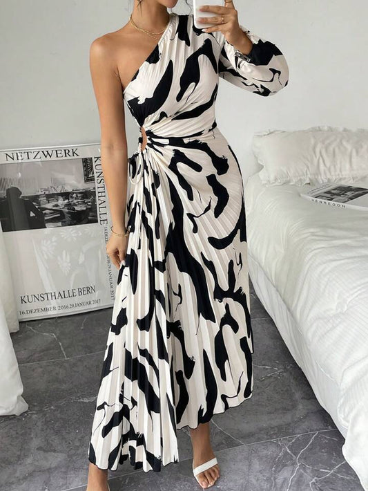 One shoulder ruffle hem drawstring printed dress in multi