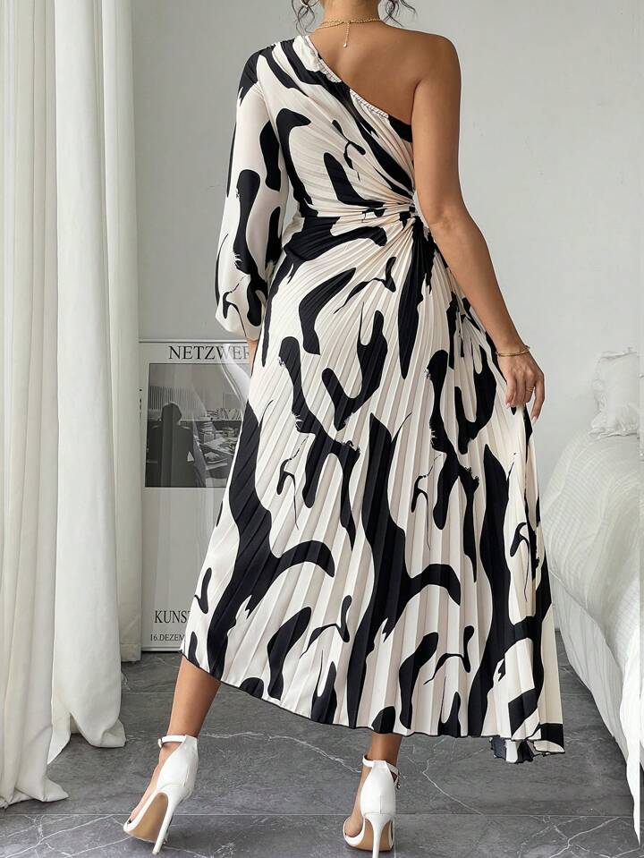 One shoulder ruffle hem drawstring printed dress in multi