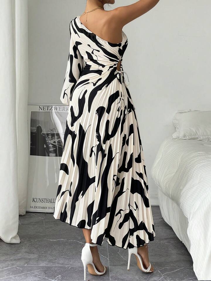 One shoulder ruffle hem drawstring printed dress in multi