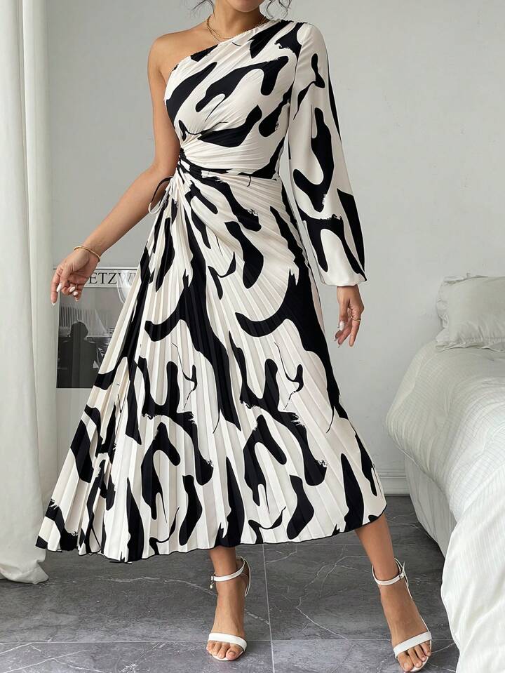 One shoulder ruffle hem drawstring printed dress in multi