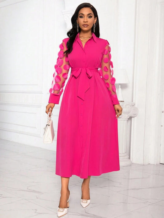 Patchwork round mesh sleeve belted shirt dress in pink