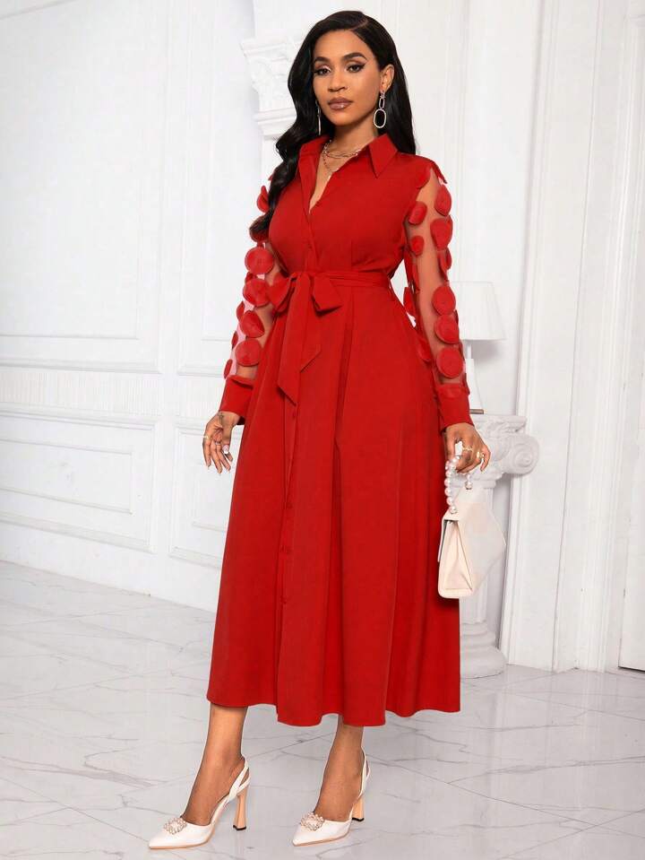 Patchwork round mesh sleeve belted shirt dress in red